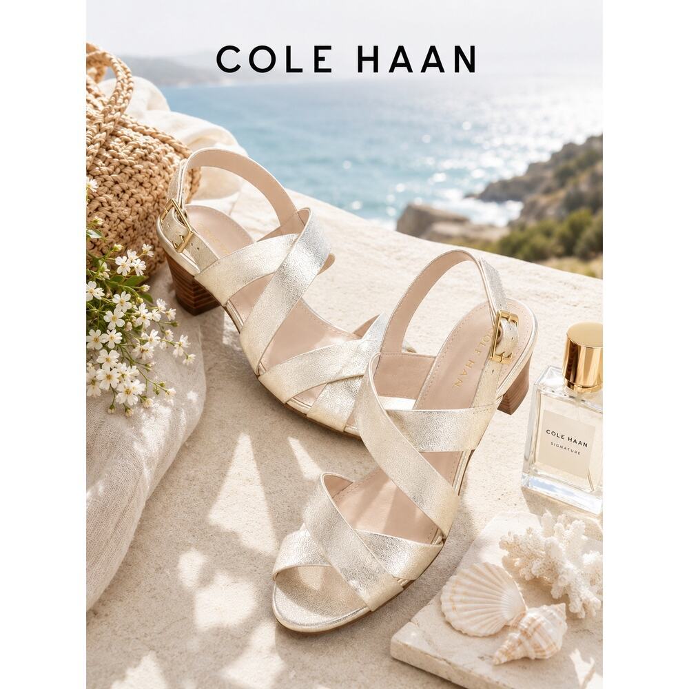 Cole Haan Grand Ambition Metallic Gold Crisscross Wedge Sandals 9B Coastal New